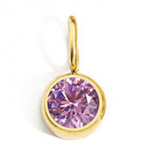 Picture of 1 Piece Eco-friendly PVD Vacuum Plating 316 Stainless Steel Birthstone Charms 14K Gold Plated Round October Pink Rhinestone 8mm Dia.