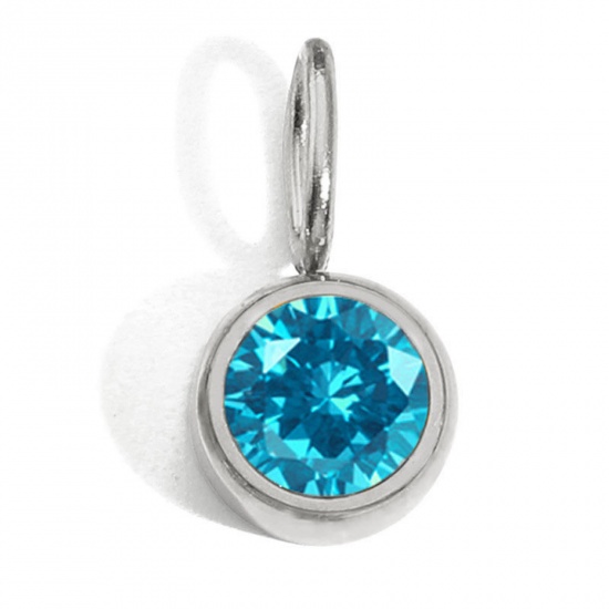 Picture of 316 Stainless Steel Birthstone Charms Silver Tone Round December Lake Blue Rhinestone 8mm Dia., 1 Piece