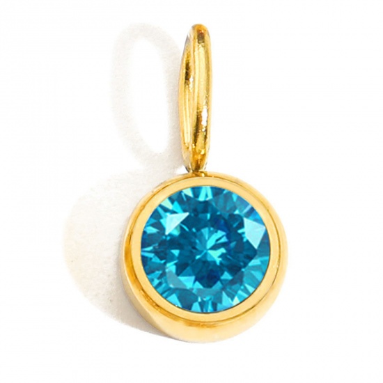 Picture of 1 Piece Eco-friendly PVD Vacuum Plating 316 Stainless Steel Birthstone Charms 14K Gold Plated Round December Lake Blue Rhinestone 8mm Dia.