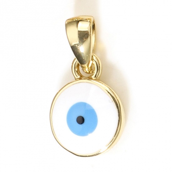 Image de Breloques Religieux en Laiton Rond Plaqué Or Véritable 18K Blanc Œil Mauvais Émail 14.5mm x 8mm, 1 Pièce