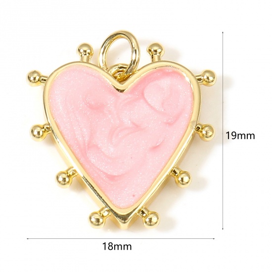 Picture of Brass Valentine's Day Charms 18K Real Gold Plated Pink Pearlized Heart Enamel 19mm x 18mm, 1 Piece