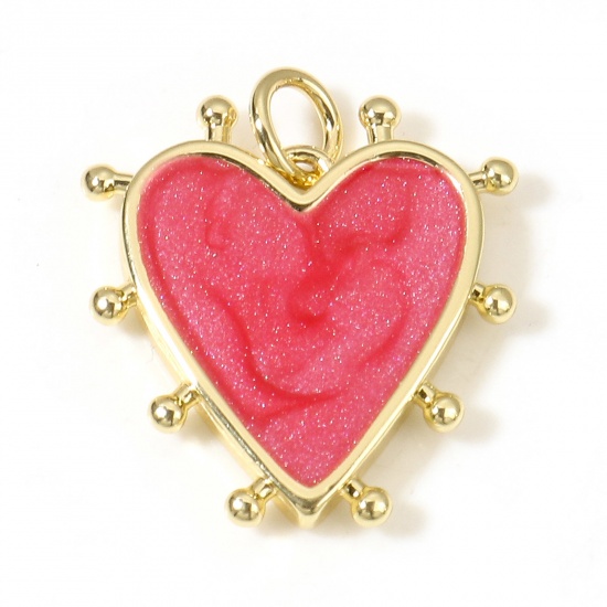 Picture of Brass Valentine's Day Charms 18K Real Gold Plated Red Pearlized Heart Enamel 19mm x 18mm, 1 Piece                                                                                                                                                             