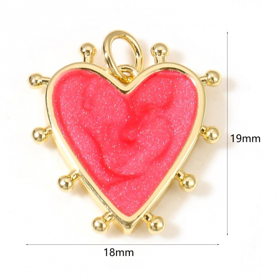 Picture of Brass Valentine's Day Charms 18K Real Gold Plated Red Pearlized Heart Enamel 19mm x 18mm, 1 Piece