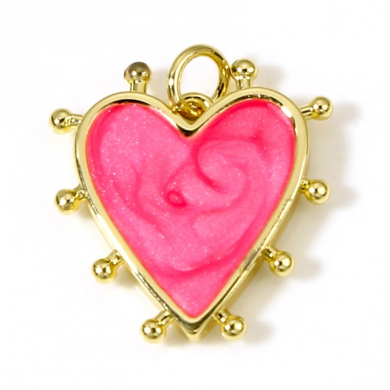 Picture of Brass Valentine's Day Charms 18K Real Gold Plated Fuchsia Pearlized Heart Enamel 19mm x 18mm, 1 Piece                                                                                                                                                         