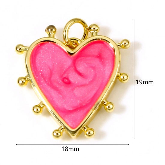 Picture of Brass Valentine's Day Charms 18K Real Gold Plated Fuchsia Pearlized Heart Enamel 19mm x 18mm, 1 Piece