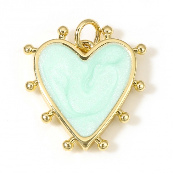 Picture of Brass Valentine's Day Charms 18K Real Gold Plated Green Blue Pearlized Heart Enamel 19mm x 18mm, 1 Piece                                                                                                                                                      