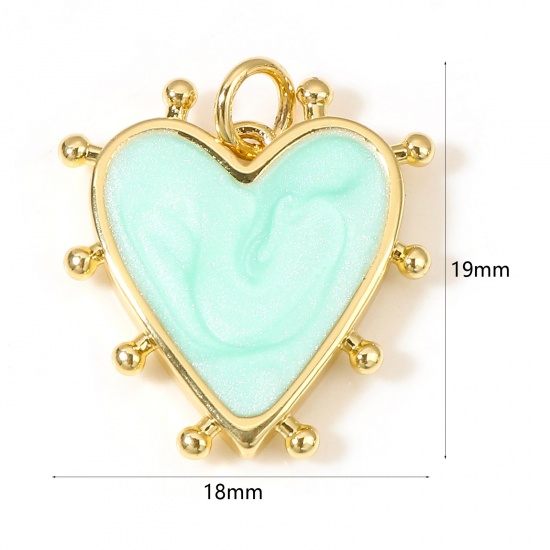 Picture of Brass Valentine's Day Charms 18K Real Gold Plated Green Blue Pearlized Heart Enamel 19mm x 18mm, 1 Piece