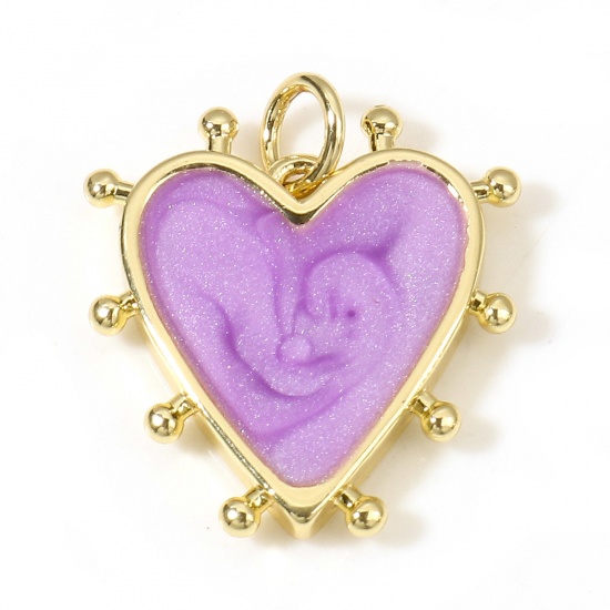 Picture of Brass Valentine's Day Charms 18K Real Gold Plated Purple Pearlized Heart Enamel 19mm x 18mm, 1 Piece                                                                                                                                                          