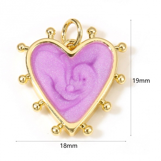 Picture of Brass Valentine's Day Charms 18K Real Gold Plated Purple Pearlized Heart Enamel 19mm x 18mm, 1 Piece