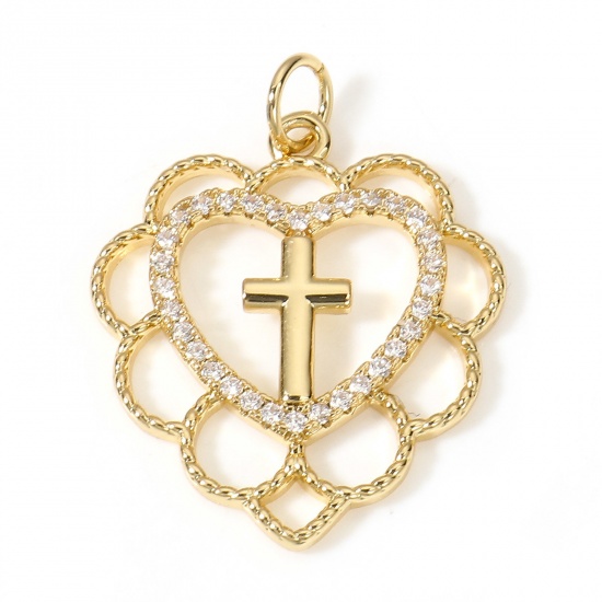Immagine di Ottone Religione Charms Croce 18K Vero Oro Placcato Cuore Filigrana Trasparente Cubic Zirconiae 26mm x 20.5mm, 1 Pz