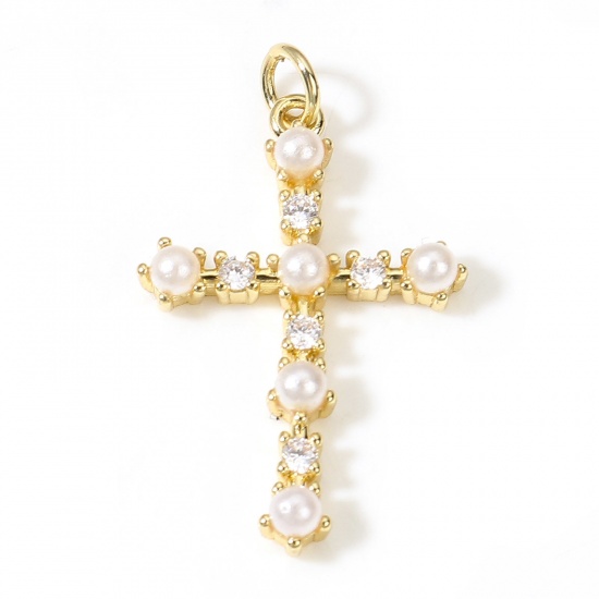 Picture of Brass Religious Pendants 18K Real Gold Plated Cross Acrylic Imitation Pearl Clear Cubic Zirconia 3.1cm x 1.9cm, 1 Piece
