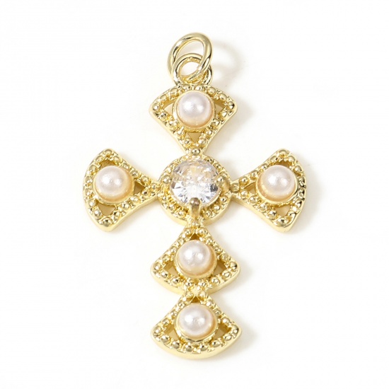 Immagine di Ottone Religione Ciondoli Croce 18K Oro riempito Perla Imitato Acrilico Trasparente Cubic Zirconiae 3.1cm x 3cm, 1 Pz