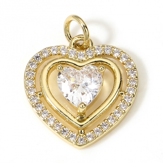 Picture of Brass Valentine's Day Charms 18K Real Gold Plated Heart Micro Pave Clear Cubic Zirconia 19mm x 15.5mm, 1 Piece