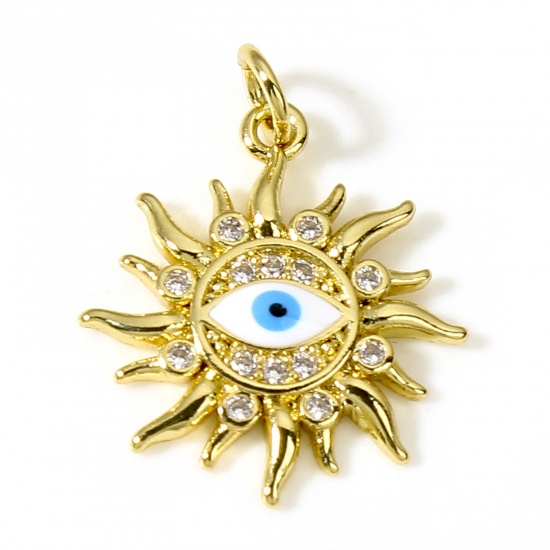 Imagen de Latón Galaxia Colgantes Charms Sol 18K Oro Real Chapado Mal de ojo Micro Pave Claro Circón Artificial 23mm x 18mm, 1 Unidad