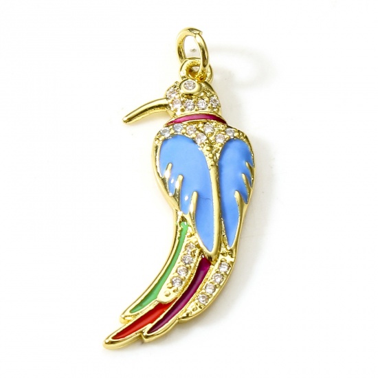 Picture of Brass Micro Pave Pendants 18K Real Gold Plated Multicolor Parrot Animal Enamel Clear Cubic Zirconia 3.2cm x 1.2cm, 1 Piece                                                                                                                                    