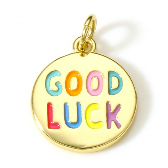 Picture of Brass Positive Quotes Energy Charms 18K Real Gold Plated Multicolor Round Message " GOOD LUCK " Enamel 18.5mm x 13.5mm, 1 Piece                                                                                                                               