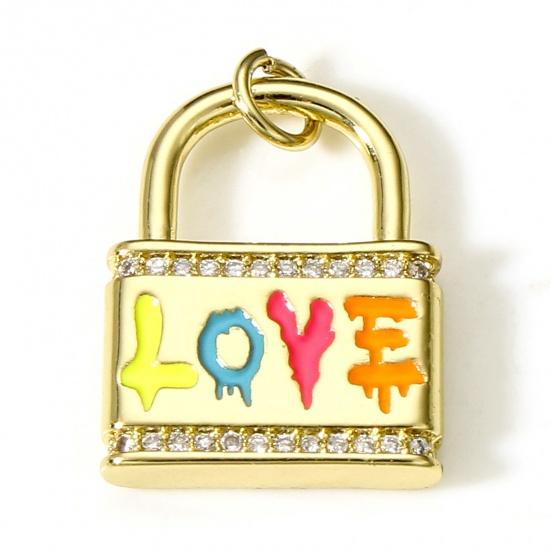 Picture of Brass Valentine's Day Charms 18K Real Gold Plated Multicolor Lock Message " LOVE " Enamel Clear Cubic Zirconia 23.5mm x 16mm, 1 Piece                                                                                                                         
