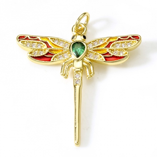 Picture of Brass Micro Pave Pendants 18K Real Gold Plated Multicolor Dragonfly Animal Enamel Clear Cubic Zirconia 3.2cm x 2.8cm, 1 Piece                                                                                                                                 