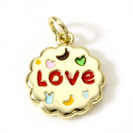 Picture of Brass Valentine's Day Charms 18K Real Gold Plated Multicolor Flower Leaves Message " LOVE " Enamel 18.5mm x 13mm, 1 Piece                                                                                                                                     