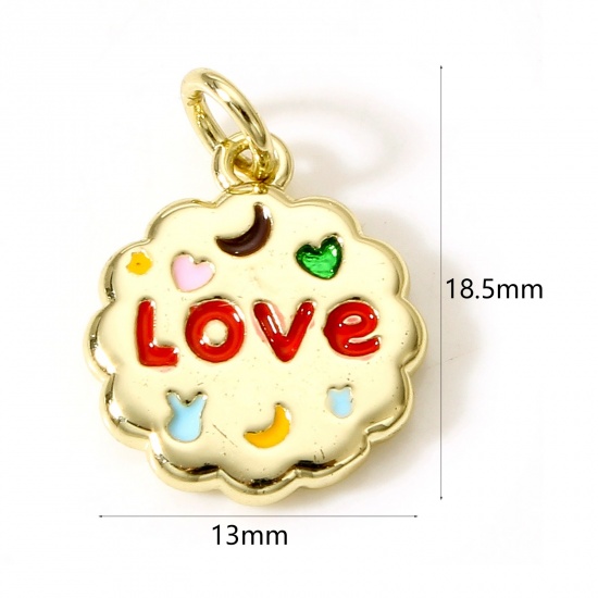 Picture of Brass Valentine's Day Charms 18K Real Gold Plated Multicolor Flower Leaves Message " LOVE " Enamel 18.5mm x 13mm, 1 Piece