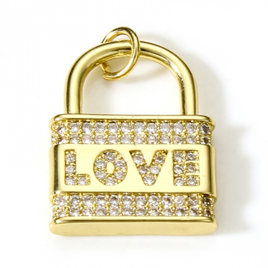 Picture of Brass Valentine's Day Charms 18K Real Gold Plated Lock Micro Pave Clear Cubic Zirconia 23mm x 16mm, 1 Piece                                                                                                                                                   