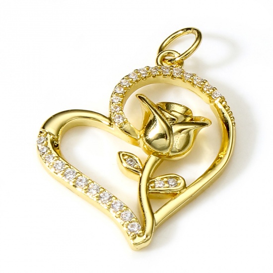 Picture of Brass Valentine's Day Charms 18K Real Gold Plated Heart Rose Flower Clear Cubic Zirconia 24.5mm x 19.5mm, 1 Piece                                                                                                                                             