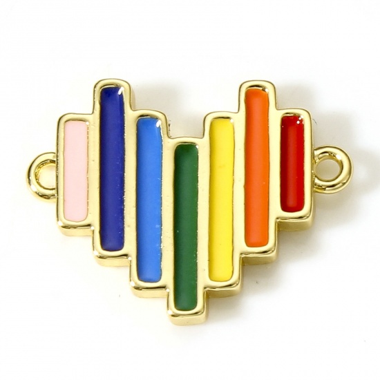 Picture of Brass Valentine's Day Connectors Charms Pendants 18K Real Gold Plated Multicolor Heart Rainbow Enamel 17mm x 13mm, 1 Piece                                                                                                                                    