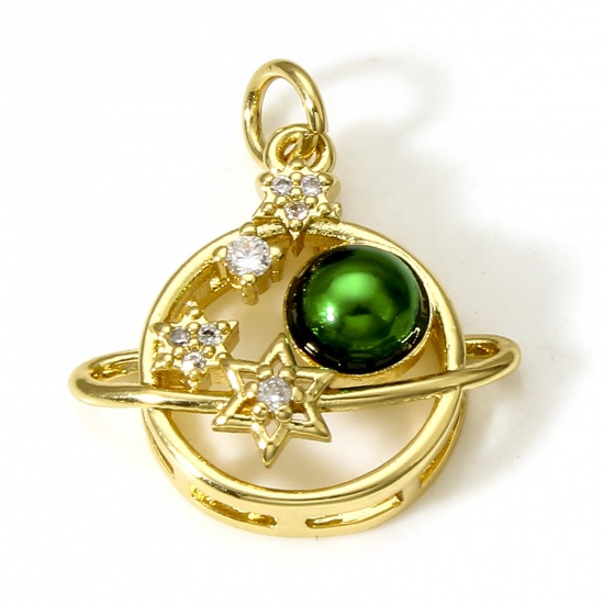 Imagen de Latón Galaxia Colgantes Charms Planeta 18K Oro Real Chapado Verde Esmalte Claro Circón Artificial 21.5mm x 19mm, 1 Unidad