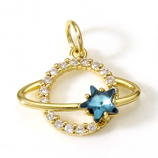 Imagen de Latón Galaxia Colgantes Charms Planeta 18K Oro Real Chapado Claro Circón Artificial 15mm x 16mm, 1 Unidad