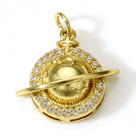 Imagen de Latón Galaxia Colgantes Charms Planeta 18K Oro Real Chapado Claro Circón Artificial 21.5mm x 19mm, 1 Unidad