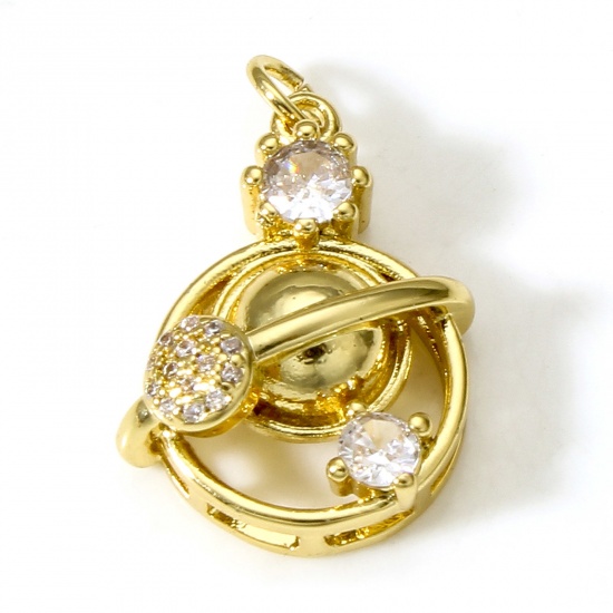 Imagen de Latón Galaxia Colgantes Charms Planeta 18K Oro Real Chapado Claro Circón Artificial 14mm x 16.5mm, 1 Unidad