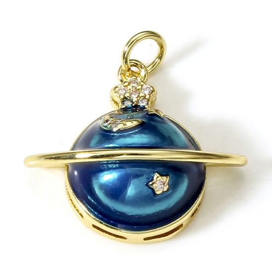 Imagen de Latón Galaxia Colgantes Charms Planeta 18K Oro Real Chapado Azul Oscuro Esmalte Claro Circón Artificial 22mm x 21.5mm, 1 Unidad