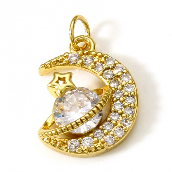Imagen de Latón Galaxia Colgantes Charms Planeta 18K Oro Real Chapado Claro Circón Artificial 20mm x 12mm, 1 Unidad