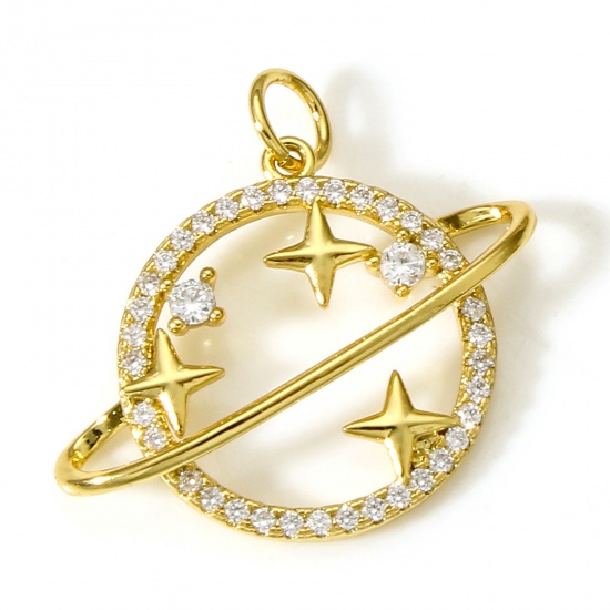 Imagen de Latón Galaxia Colgantes Charms Planeta 18K Oro Real Chapado Claro Circón Artificial 21mm x 23.5mm, 1 Unidad