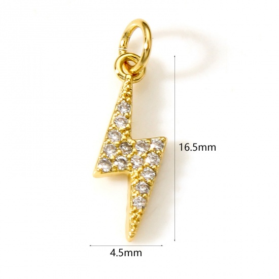 Imagen de Latón Colección Meteorológica Colgantes Charms Relámpago 18K Oro Real Chapado Micro Pave Claro Circón Artificial 16.5mm x 4.5mm, 1 Unidad