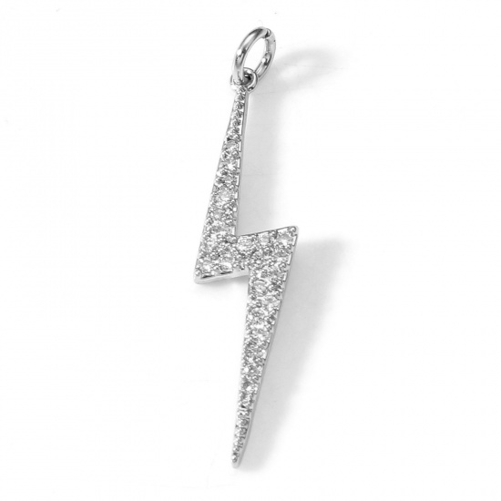 Picture of Brass Weather Collection Charms Real Platinum Plated Lightning Micro Pave Clear Cubic Zirconia 30mm x 6mm, 1 Piece                                                                                                                                            