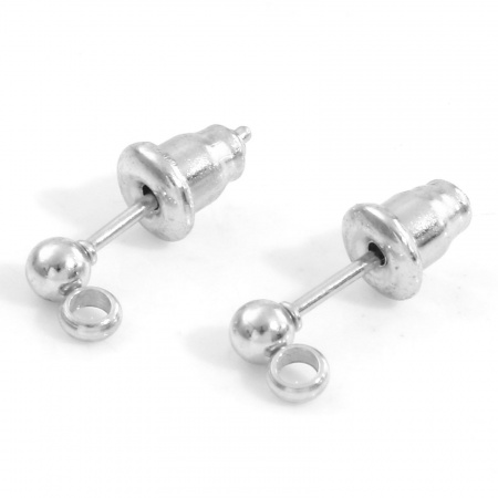 Picture of 304 Stainless Steel Ear Post Stud Earring With Loop Connector Accessories Silver Tone Round With Stoppers 6mm x 3mm, Post/ Wire Size: (20 gauge), 10 PCs