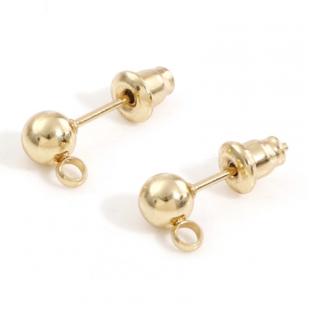 Picture of 304 Stainless Steel Ear Post Stud Earring With Loop Connector Accessories 18K Gold Plated Round With Stoppers 8mm x 5mm, Post/ Wire Size: (20 gauge), 10 PCs