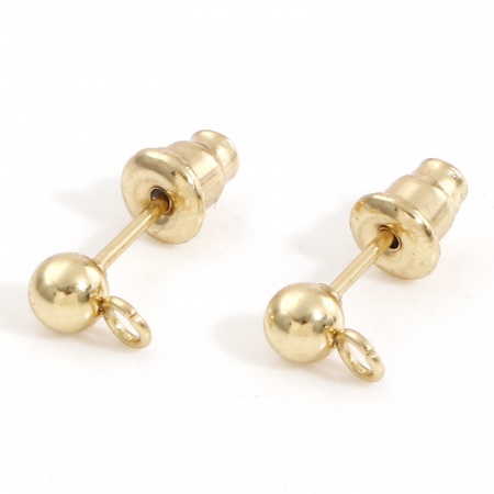 Picture of 304 Stainless Steel Ear Post Stud Earring With Loop Connector Accessories 18K Gold Plated Round With Stoppers 7mm x 4mm, Post/ Wire Size: (20 gauge), 10 PCs