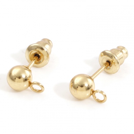 Picture of 304 Stainless Steel Ear Post Stud Earring With Loop Connector Accessories 18K Gold Plated Round With Stoppers 8mm x 5mm, Post/ Wire Size: (20 gauge), 10 PCs