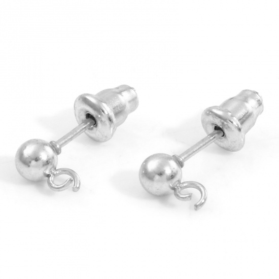 Picture of 304 Stainless Steel Ear Post Stud Earring With Loop Connector Accessories Silver Tone Round With Stoppers 7mm x 4mm, Post/ Wire Size: (20 gauge), 10 PCs