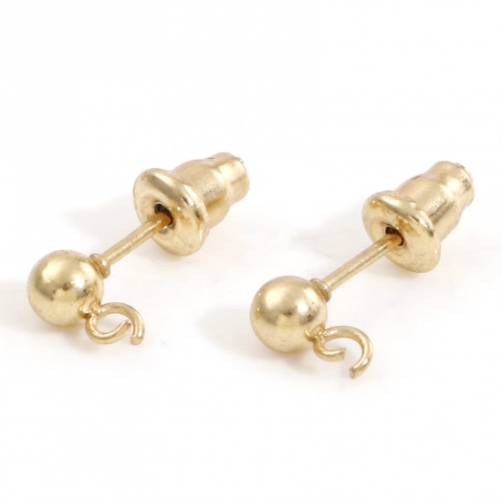 Picture of 304 Stainless Steel Ear Post Stud Earring With Loop Connector Accessories 18K Gold Color Round With Stoppers 7mm x 4mm, Post/ Wire Size: (20 gauge), 10 PCs