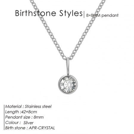 Picture of Wholesale Round April Clear Rhinestone Pendant Charm Necklace, Silver Tone 316 Stainless Steel Link Cable Chain, Women's Birthstone Gift Jewelry For Retailer, 42cm(16.5") long, 1 Piece