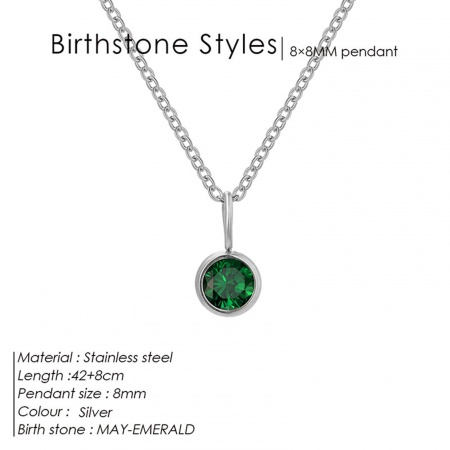 Picture of Wholesale Round May Green Rhinestone Pendant Charm Necklace, Silver Tone 316 Stainless Steel Link Cable Chain, Women's Birthstone Gift Jewelry For Retailer, 42cm(16.5") long, 1 Piece