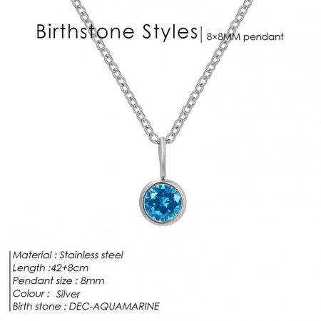 Picture of Wholesale Round December Lake Blue Rhinestone Pendant Charm Necklace, Silver Tone 316 Stainless Steel Link Cable Chain, Women's Birthstone Gift Jewelry For Retailer, 42cm(16.5") long, 1 Piece