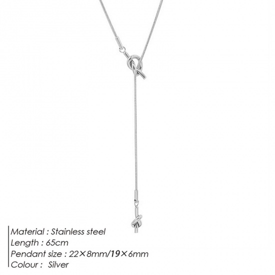 Picture of 316 Stainless Steel Snake Chain Y Shaped Lariat Necklace Silver Tone Knot 65cm(25 5/8") long, 1 Piece