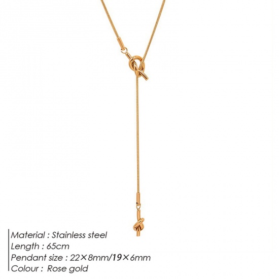 Picture of 316 Stainless Steel Snake Chain Y Shaped Lariat Necklace Rose Gold Knot 65cm(25 5/8") long, 1 Piece