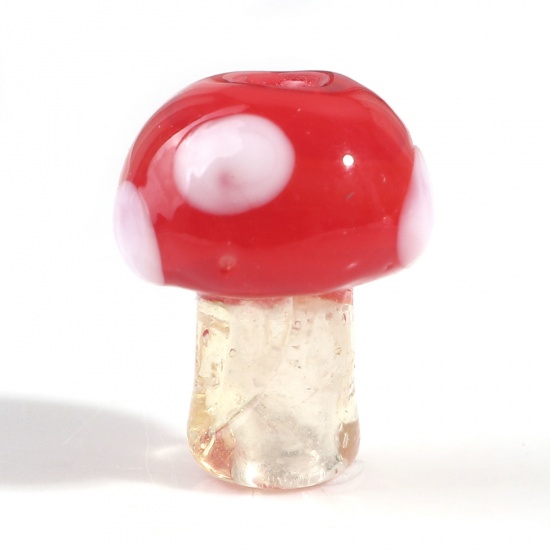 Picture of Lampwork Glass Flora Collection Beads For DIY Charm Jewelry Making Mushroom Red Dot About 14mm x 10mm, Hole: Approx 1.2mm, 5 PCs