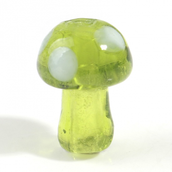 Picture of Lampwork Glass Flora Collection Beads For DIY Charm Jewelry Making Mushroom Green Dot About 14mm x 10mm, Hole: Approx 1.2mm, 5 PCs