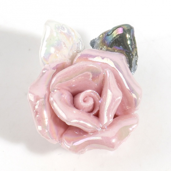 Picture of Ceramic Valentine's Day Beads For DIY Charm Jewelry Making Rose Flower Pink 3D About 20mm x 16mm, Hole: Approx 1mm, 2 PCs